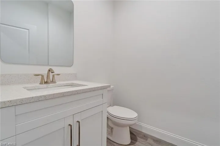 Bathroom with vanity, wood-type flooring, and toilet
