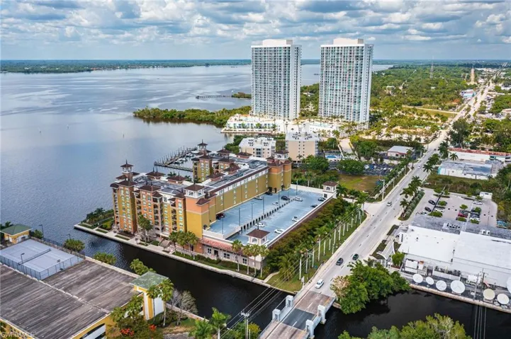 View of urban area featuring a nearby body of water