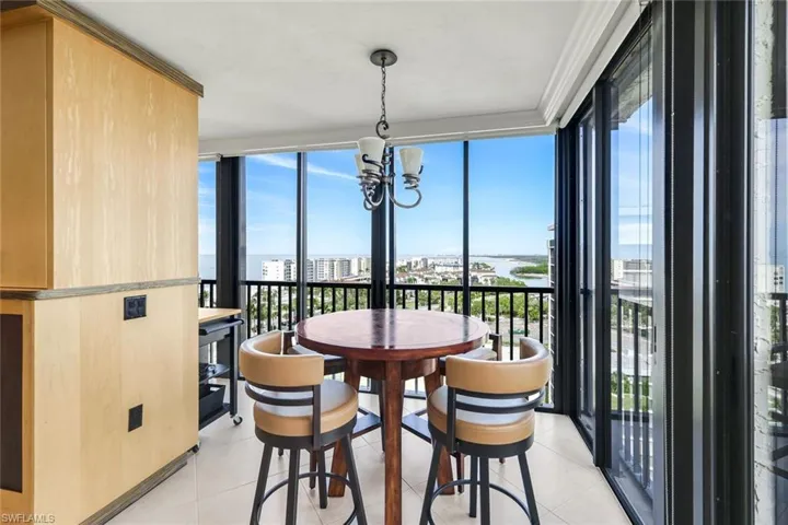 Sunroom featuring a chandelier, a water view, and a city view