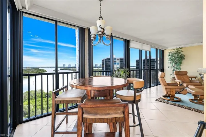 Sunroom / solarium featuring a chandelier, a city view, and a water view