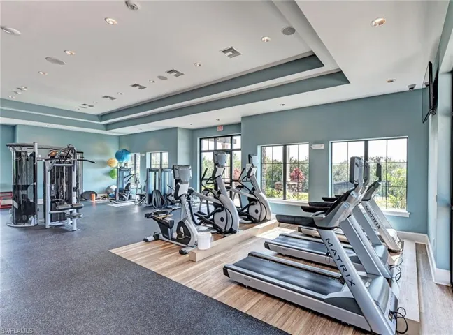 Gym with a tray ceiling and a healthy amount of sunlight