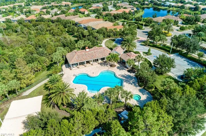 Birds eye view of property with a water view