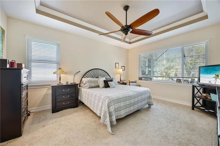 Bedroom featuring a tray ceiling, multiple windows, ceiling fan, and light carpet