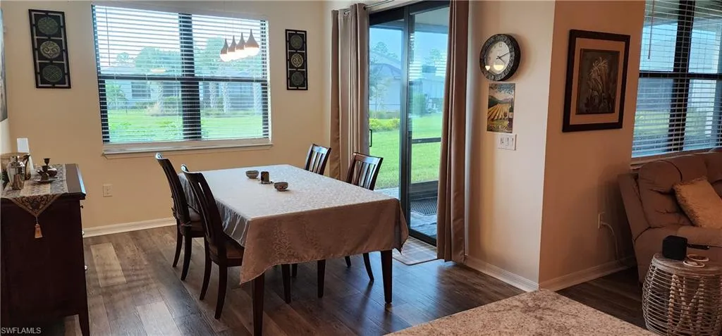 Dining area with plenty of natural light and dark wood finished floors