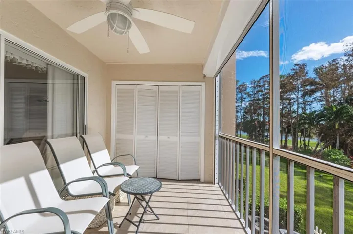 Balcony featuring ceiling fan