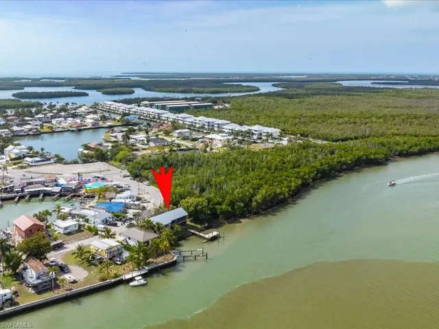 Aerial view of a nearby body of water and a heavily wooded area
