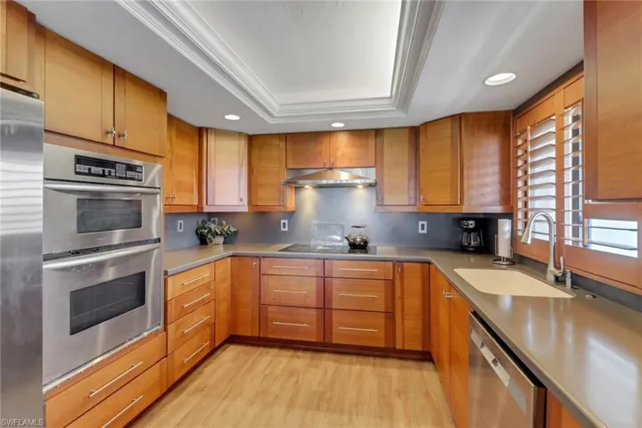 Kitchen with a sink, stainless steel appliances, under cabinet range hood, light wood-type flooring, and a raised ceiling