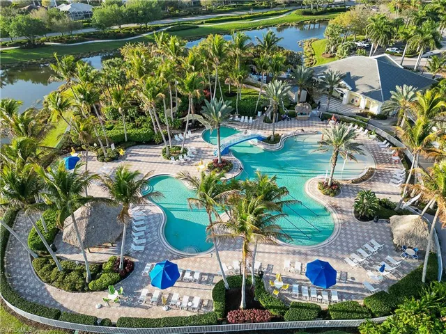Bird's eye view of a large body of water and a pool