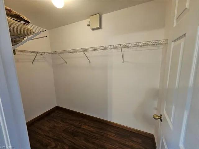 Walk in closet with hardwood / wood-style flooring