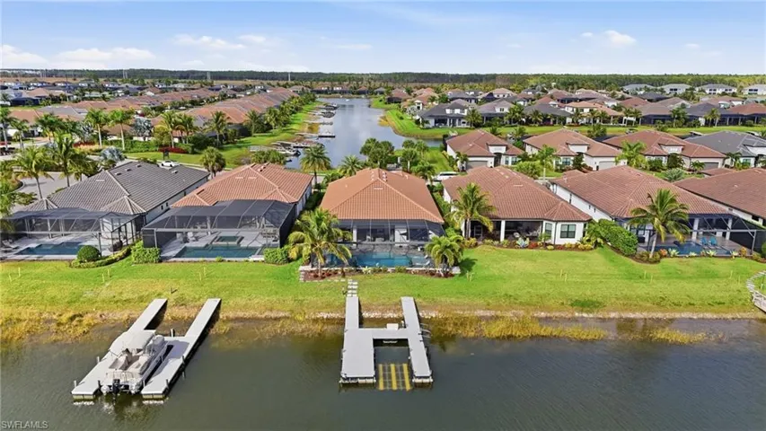 Aerial perspective of suburban area featuring a nearby body of water