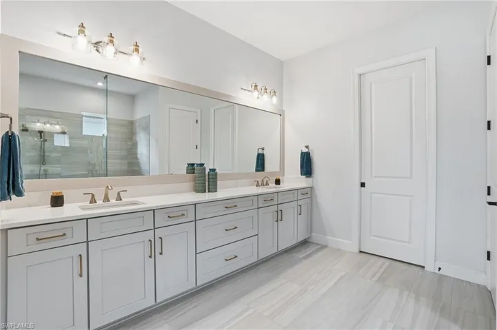 Full bath featuring a stall shower and double vanity