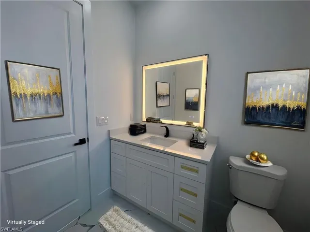 virtually Staging Half bathroom featuring toilet and vanity