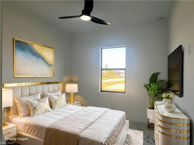 Virtually Staging Bedroom featuring ceiling fan and baseboards