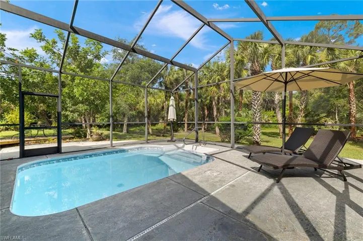 Swimming pool with a patio, view of scattered trees, and a lanai