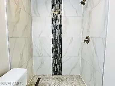 Tiled shower with mosaic accent strip, hexagonal floor tiles, and a bronze shower fixture