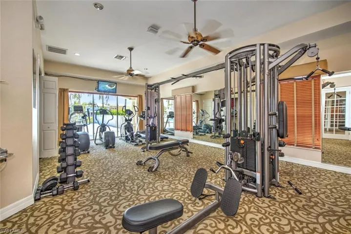 Exercise room featuring ceiling fan, visible vents, and baseboards
