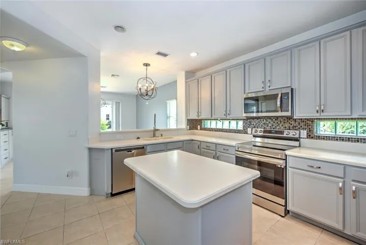 Kitchen featuring visible vents, decorative backsplash, gray cabinetry, appliances with stainless steel finishes, and a sink
