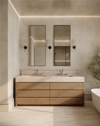 Primary Bath with travertine counters  -and flooring  - Rendering