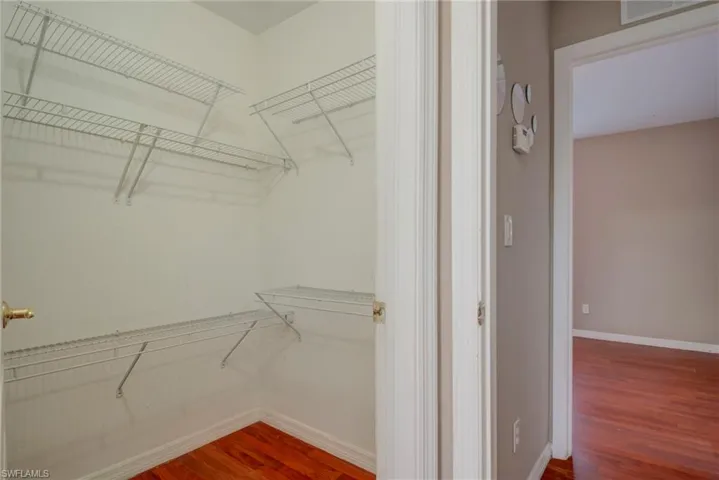 Walk in closet featuring dark wood-style flooring