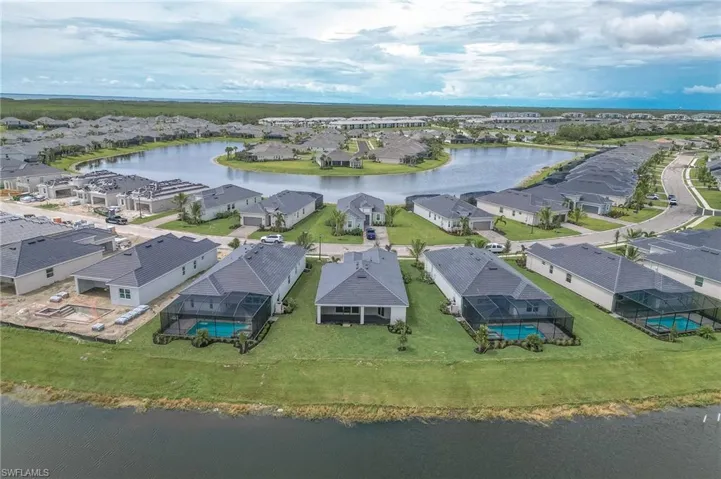 Aerial perspective of suburban area featuring a large body of water