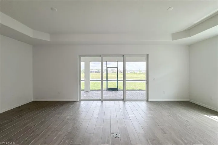 Empty room with a tray ceiling and light wood-style floors