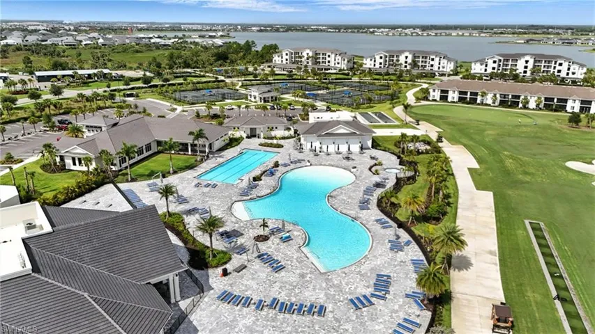Aerial view of a large body of water and a golf course