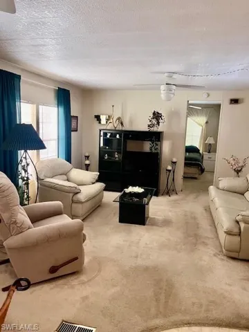 Living room featuring carpet flooring and a textured ceiling