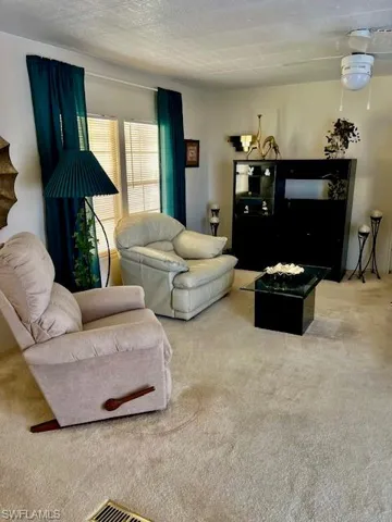 Living area featuring carpet and a textured ceiling.