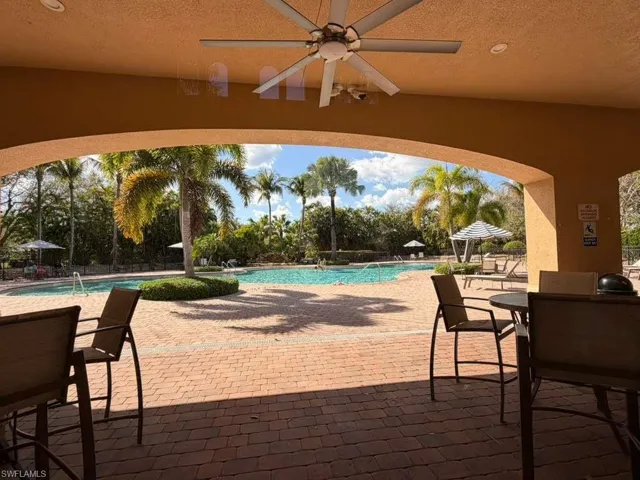 View of patio / terrace featuring a ceiling fan and a community pool