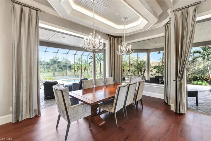 Dining room featuring a chandelier, a tray ceiling, and dark wood-type flooring