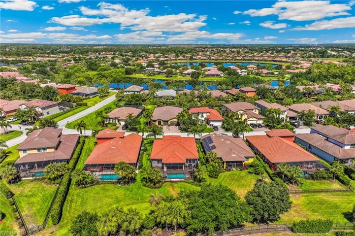 Aerial perspective showcasing a residential community with water features