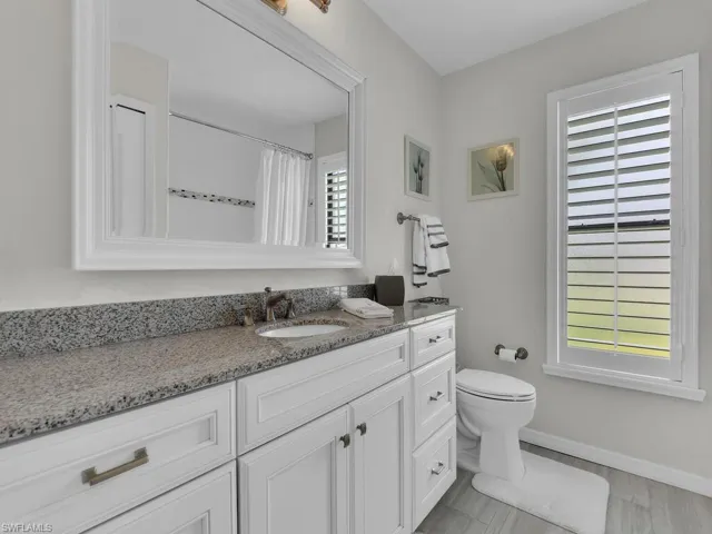 Bathroom featuring vanity, wood finished floors, and curtained shower