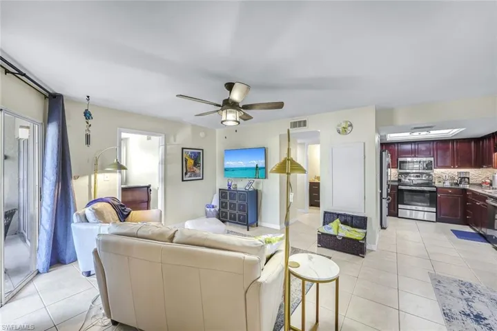 The living area is conveniently located right off the kitchen, creating an open, airy feeling.