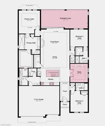 Floor Plan - Additional Highlights Include: impact windows, tray ceiling package, 8' interior doors, door from primary closet to laundry room, outdoor kitchen rough-in, 80 AMP pool and spa prewire, and upper cabinets in laundry room