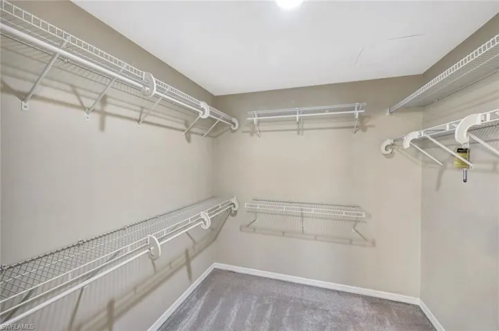 Walk in closet featuring light colored carpet