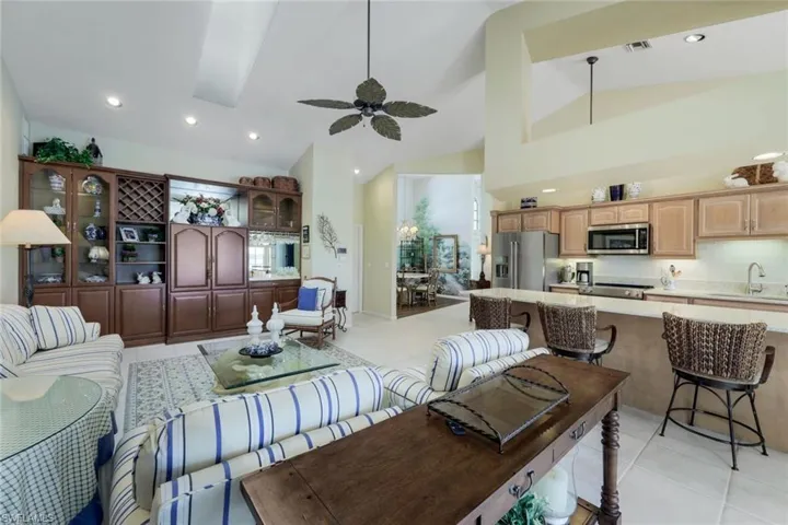 Great Room- Family Room- 13' Ceilings, Skylights, Huge Built In Wine Bar with Storage