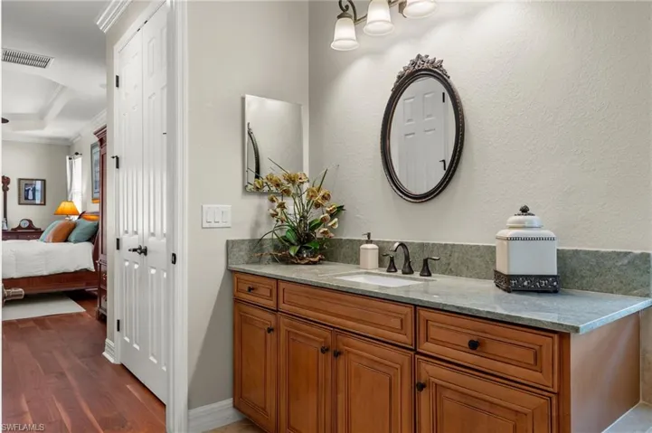 Bathroom with a raised ceiling, hardwood / wood-style flooring, vanity, and crown molding