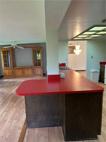 Long view of kitchen breakfast bar