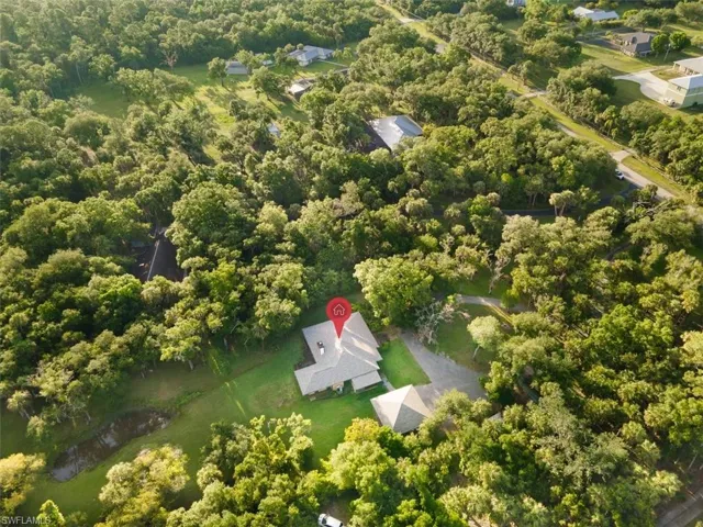 Aerial view of a heavily wooded area
