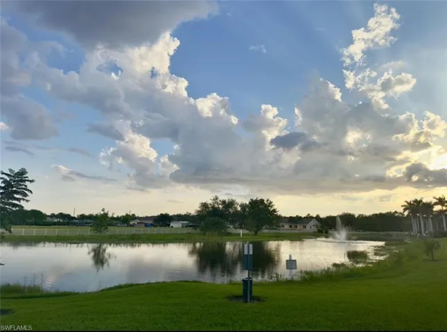 Expansive waterfront vista featuring a tranquil pond with an active fountain, mature palm trees, and a distant building