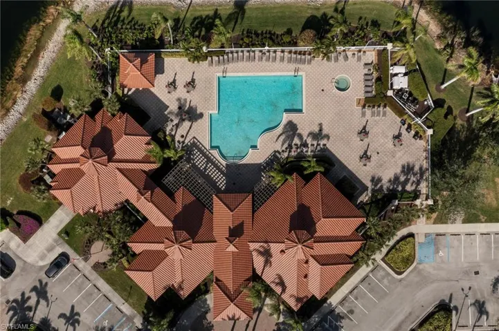 Aerial of clubhouse pool and spa.