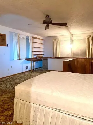 Furnished bedroom with dark carpet and ceiling fan