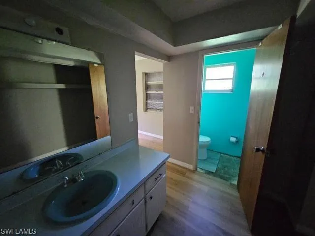 Bathroom with vanity, toilet, and hardwood / wood-style flooring