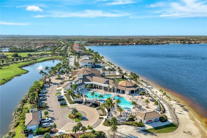 Drone / aerial view of a pool and a large body of water