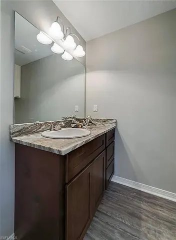 Bathroom with vanity and dark wood-type flooring