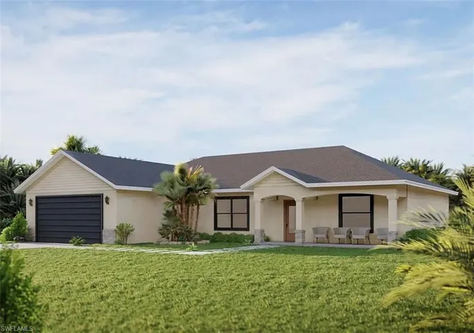 Single story home with an attached garage, a front lawn, covered porch, stucco siding, and driveway