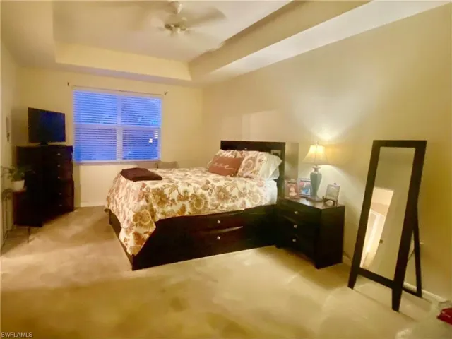 Bedroom with a raised ceiling, light carpet, and a ceiling fan