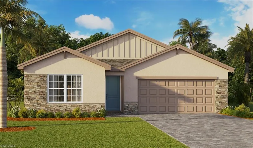 View of front of property featuring stone siding, decorative driveway, a front yard, and an attached garage