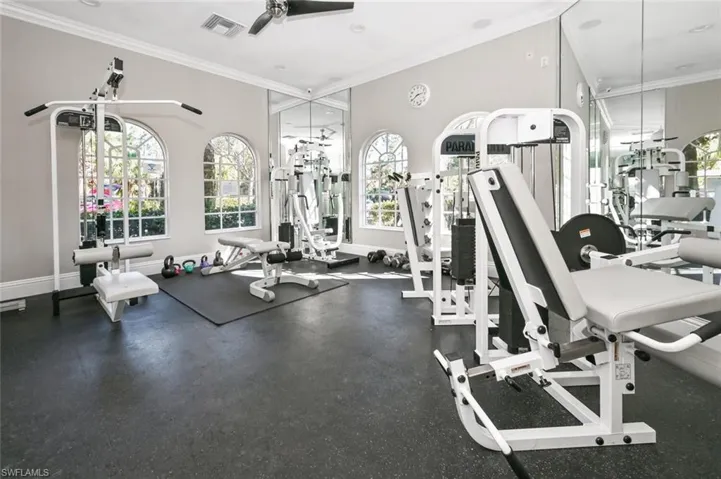 Exercise room with crown molding