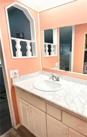 Bathroom with oversized vanity and hardwood / wood-style floors